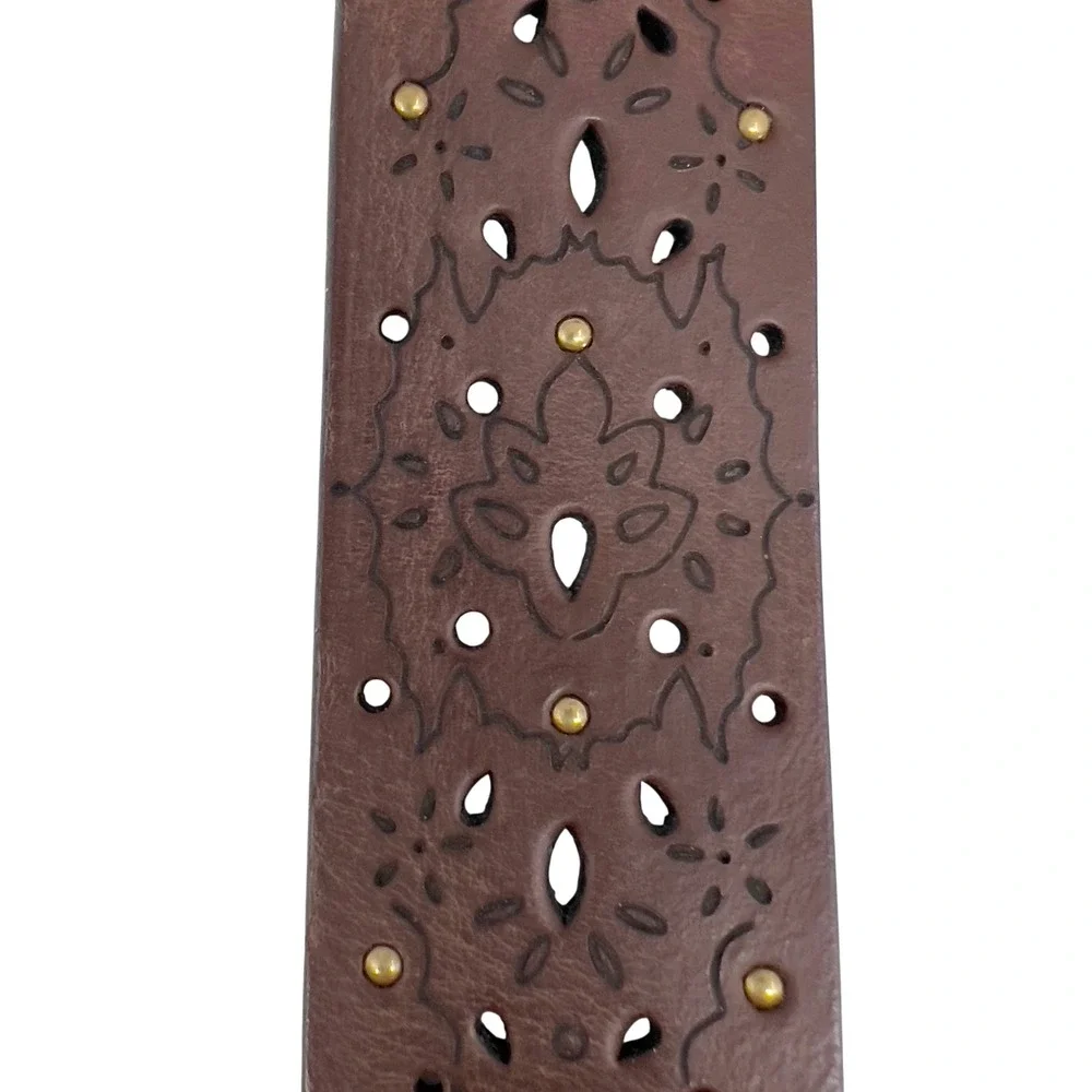 Tooled Leather Belt 44″ Brass‎ Studs Boho Western